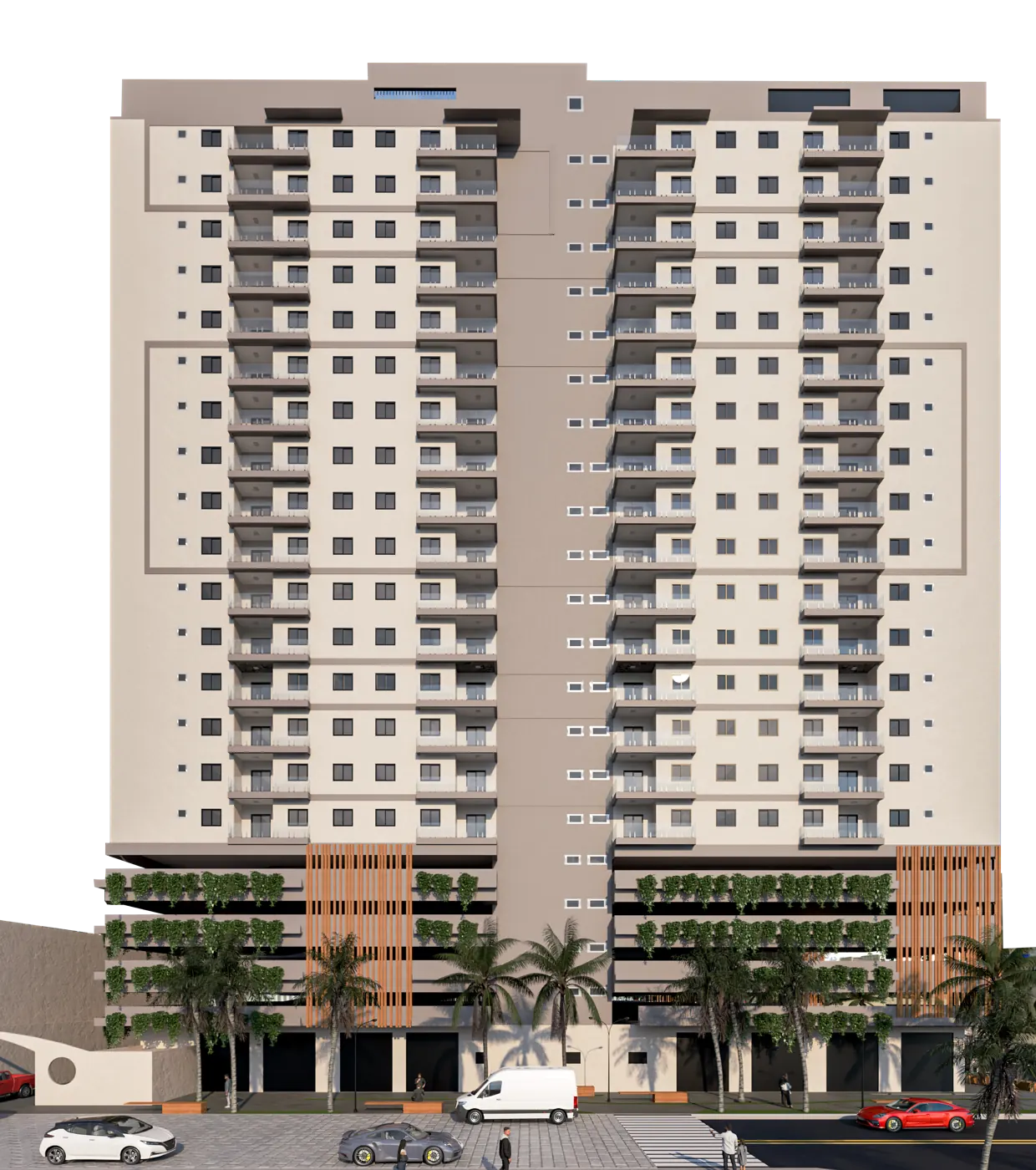 Perspectiva ilustrada da fachada do Residencial Novo Valongo, com torres de 20 andares e boulevard comercial no térreo