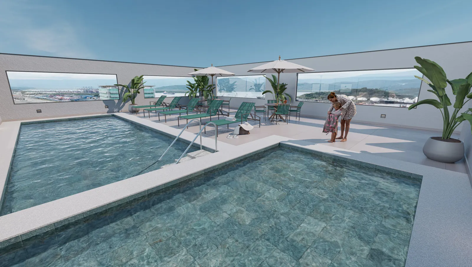 Piscina adulto no rooftop com deck e vista para o mar