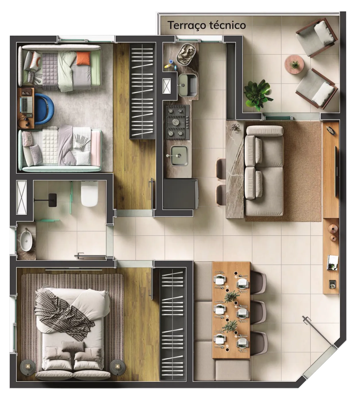 Perspectiva artística da planta de 2 dormitórios