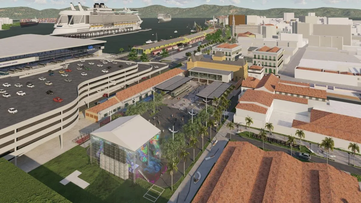 Perspectiva do novo terminal de cruzeiros no Valongo, com navio atracado e o casario histórico ao redor