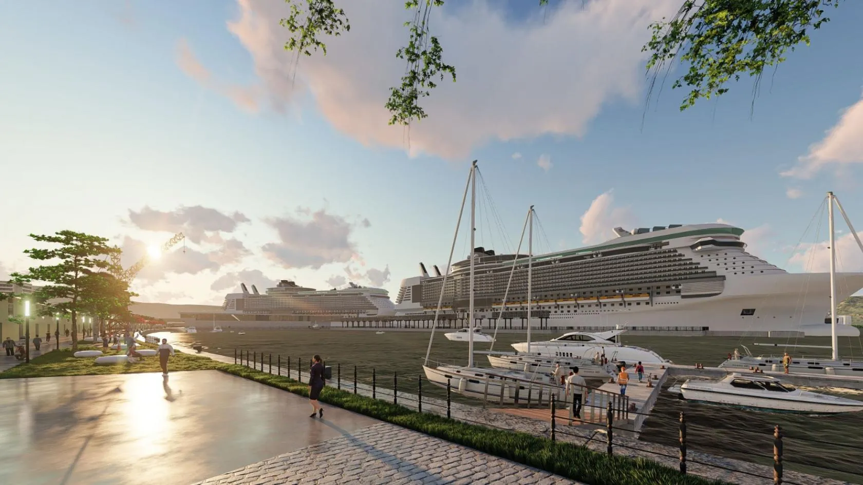 Perspectiva da orla do Valongo com navio de cruzeiro e marina