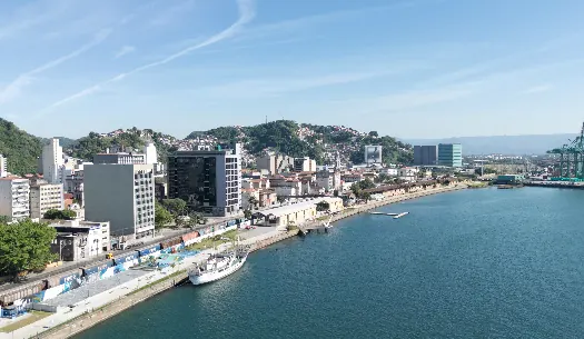 Vista do estuário e dos morros de Santos a partir do Valongo